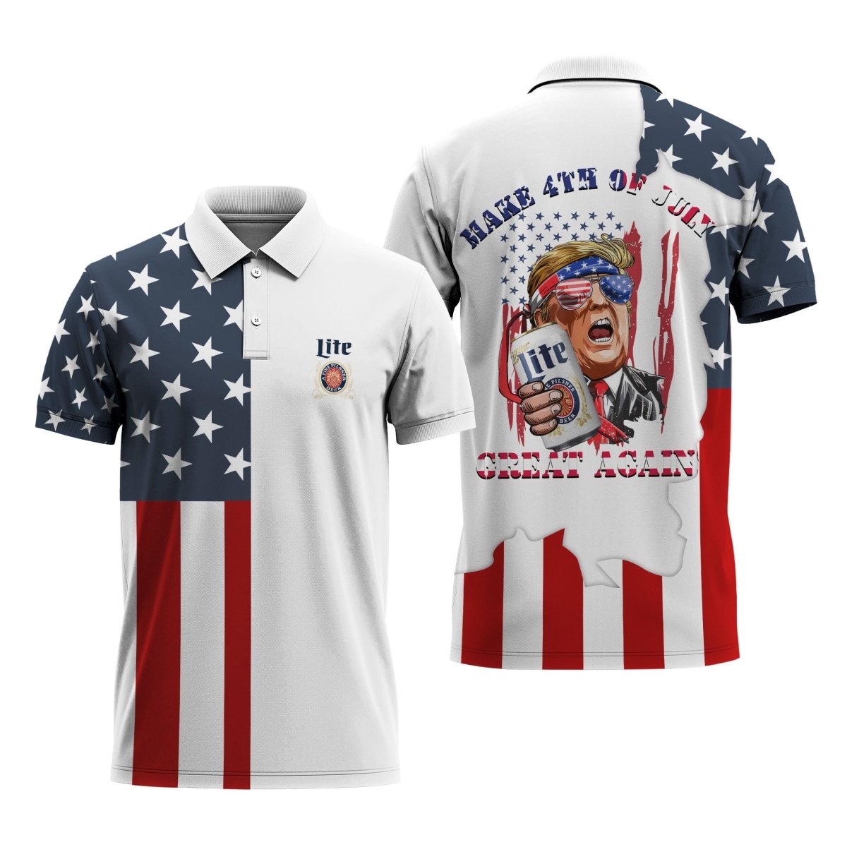 Miller Lite Donald Trump Independence Day Polo Shirt, 4th Of July Miller Lite Beer 3d Printed Polo Shirt, Miller Lite Beer 3d Men's Polo Shirts