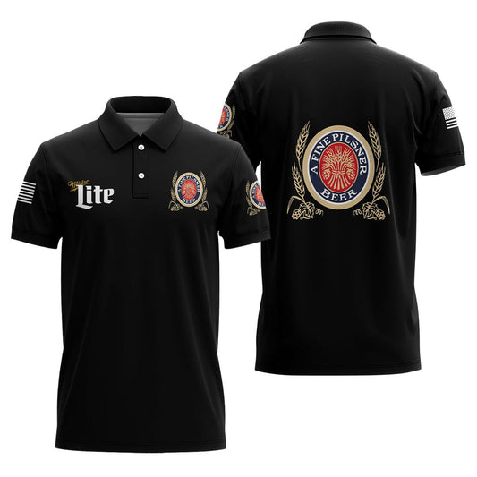 Us Flag Miller Lite Black Men's Polo Shirt, Miller Lite All Over Printed Black Polo Shirts, Black Miller Lite Beer Men's Short Sleeve Polo Shirt