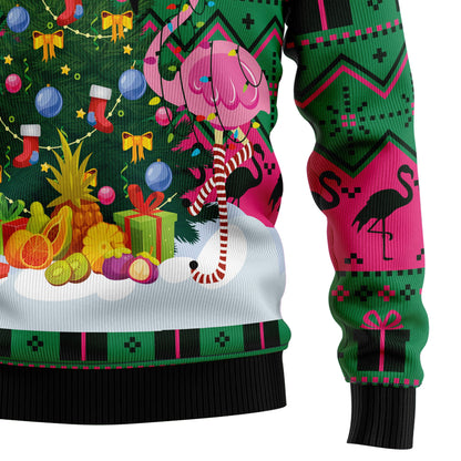 Flamingo Christmas Tree Ugly Christmas Sweater, Santa Flamingo With Pine Tree Christmas Ugly Sweater, Christmas Aop Crewneck Knitted Ugly Sweater