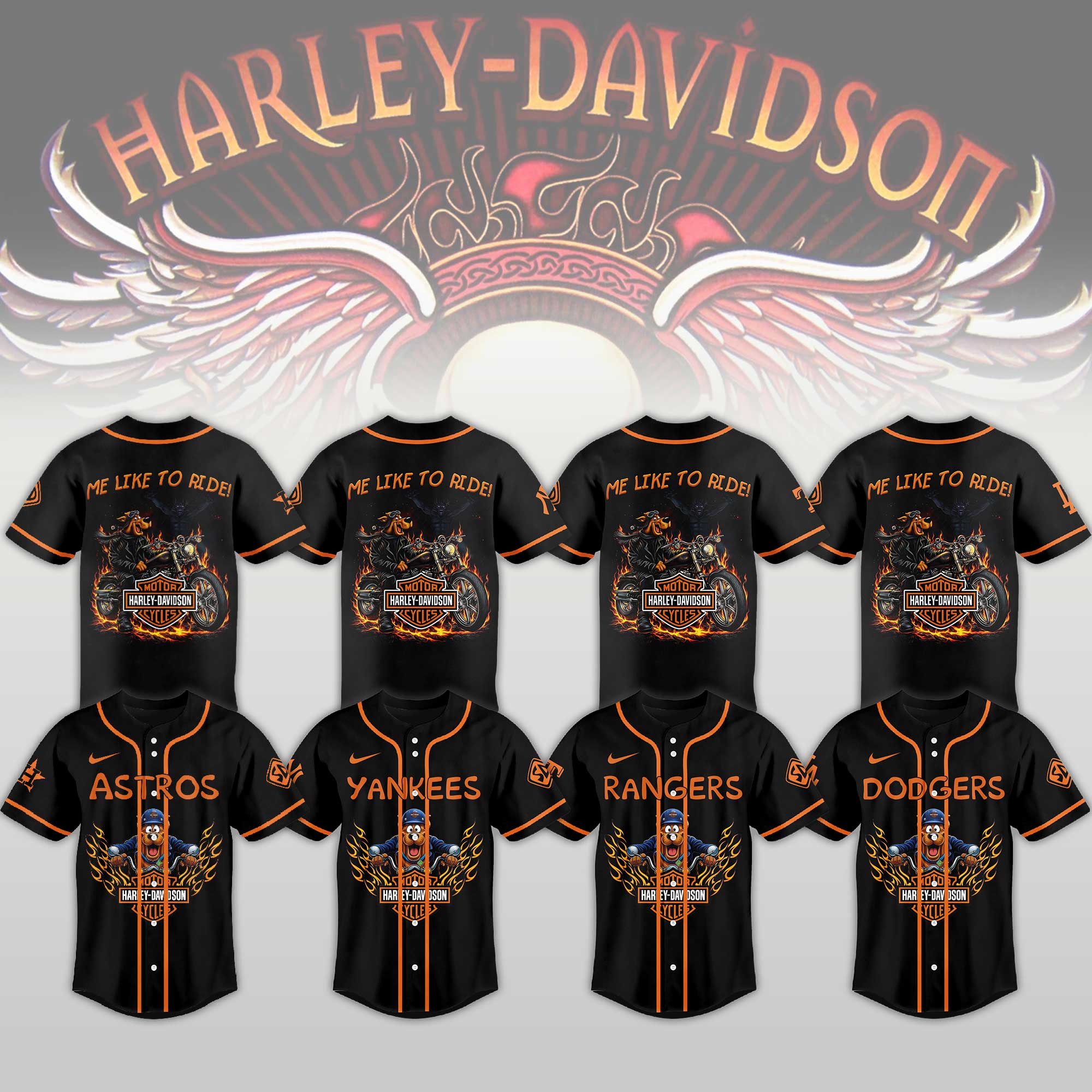 Baseball Jersey Harley Rider Flame Style All Team