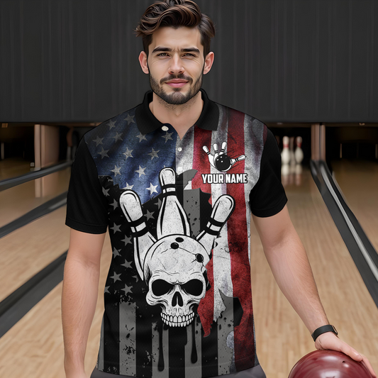 Personalized Skull Bowling Shirt For Men, Custom Team's Name American Flag Cool Bowler Jersey