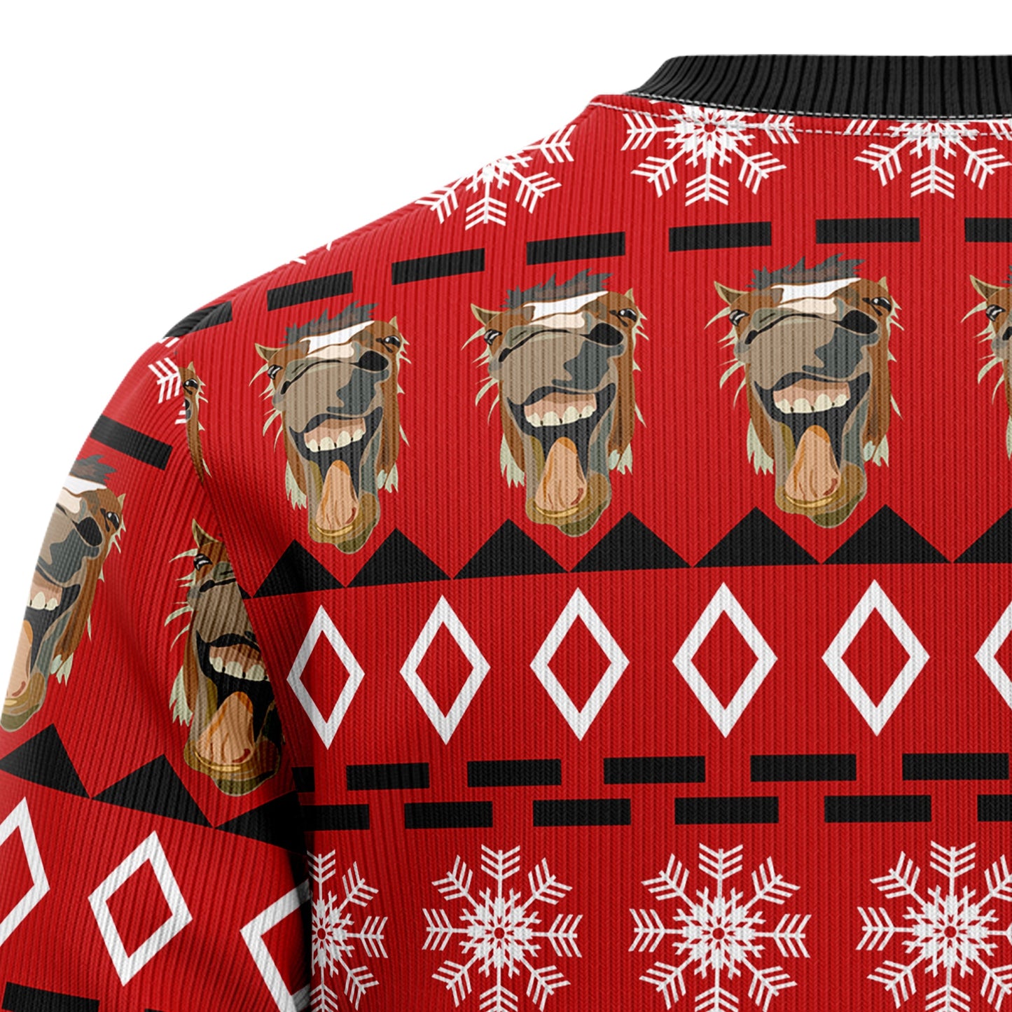 Funny Horse Face Ugly Christmas Sweater, Smiling Horse Face Snowflakes Red Christmas Ugly Sweater, Horse Lover Christmas Crewneck Knitted Sweater