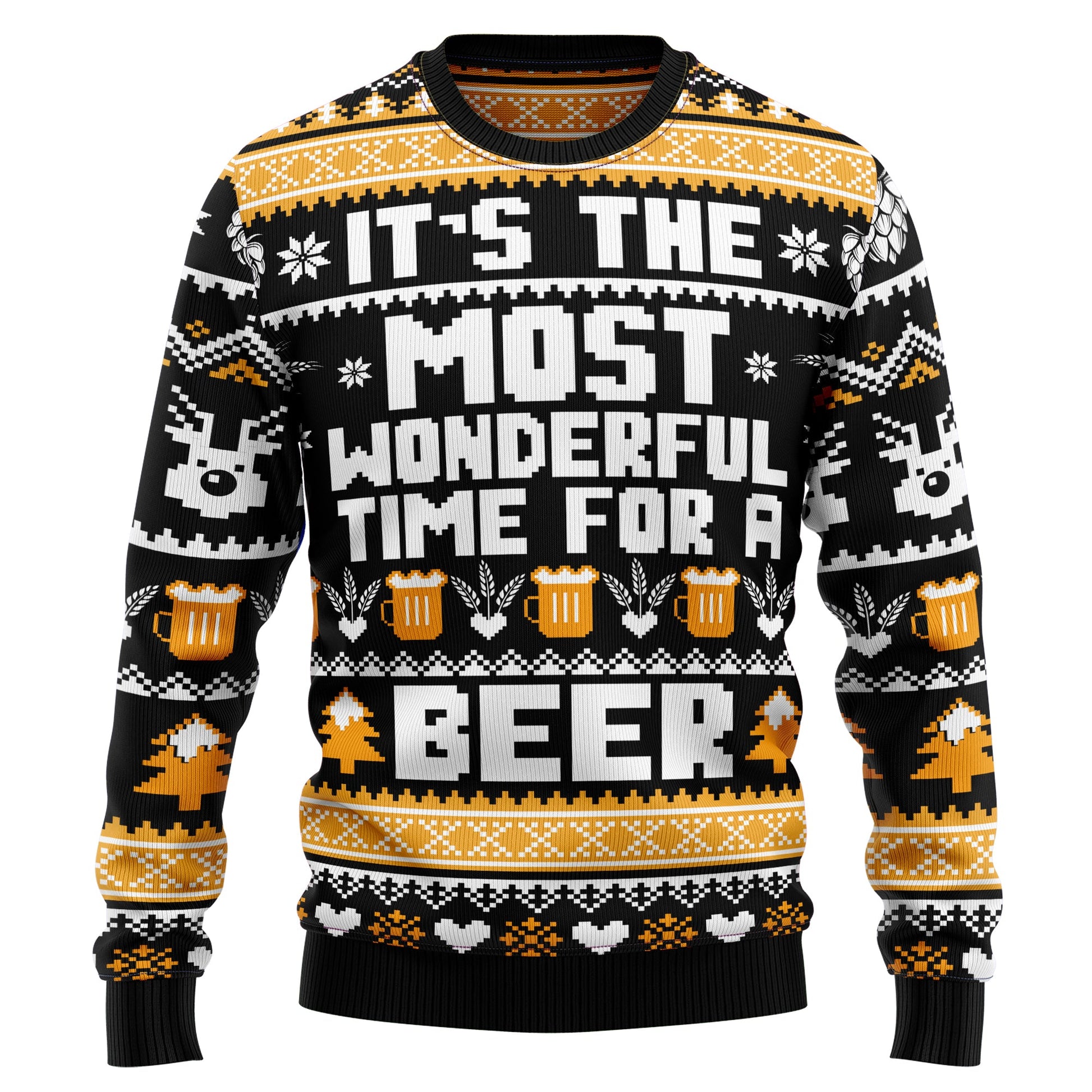 Wonderful Time For A Beer Ugly Christmas Sweater, Beer Season Christmas Black & Orange Ugly Sweaters, Christmas Crewneck Knitted Ugly Sweater