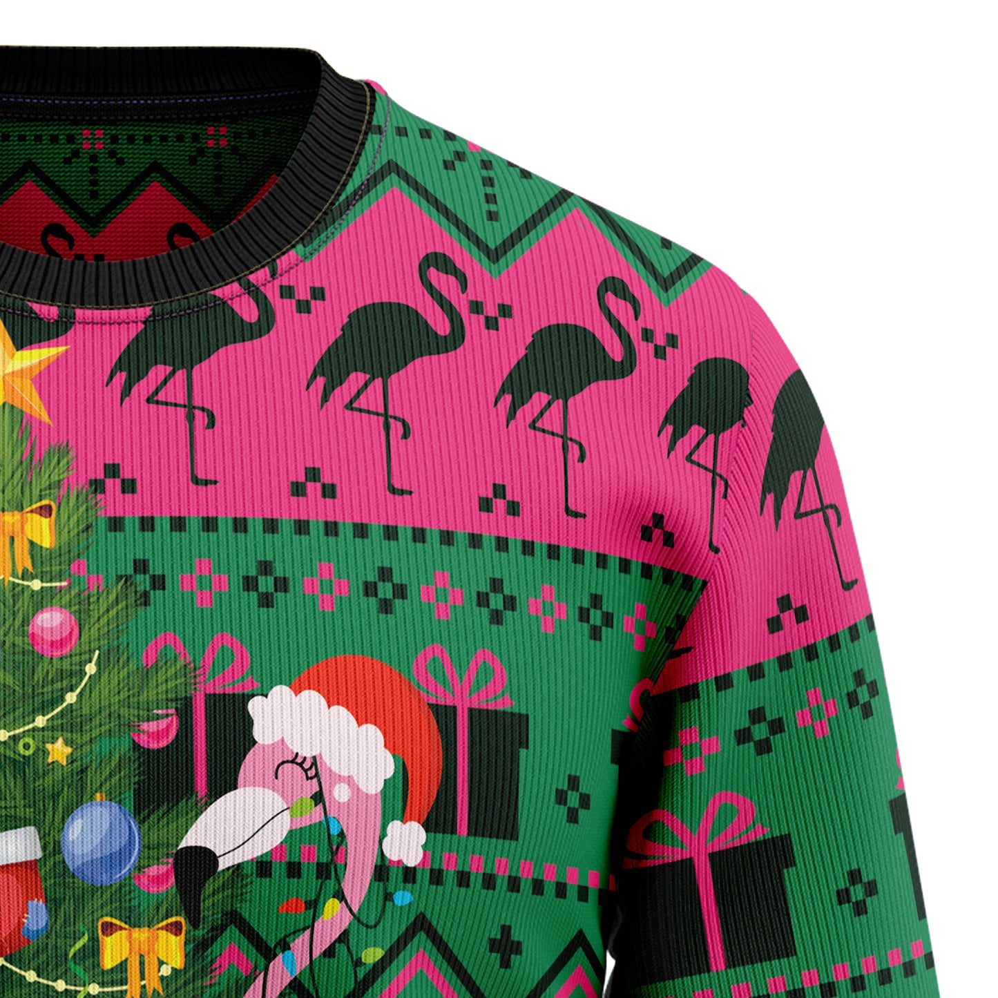 Flamingo Christmas Tree Ugly Christmas Sweater, Santa Flamingo With Pine Tree Christmas Ugly Sweater, Christmas Aop Crewneck Knitted Ugly Sweater