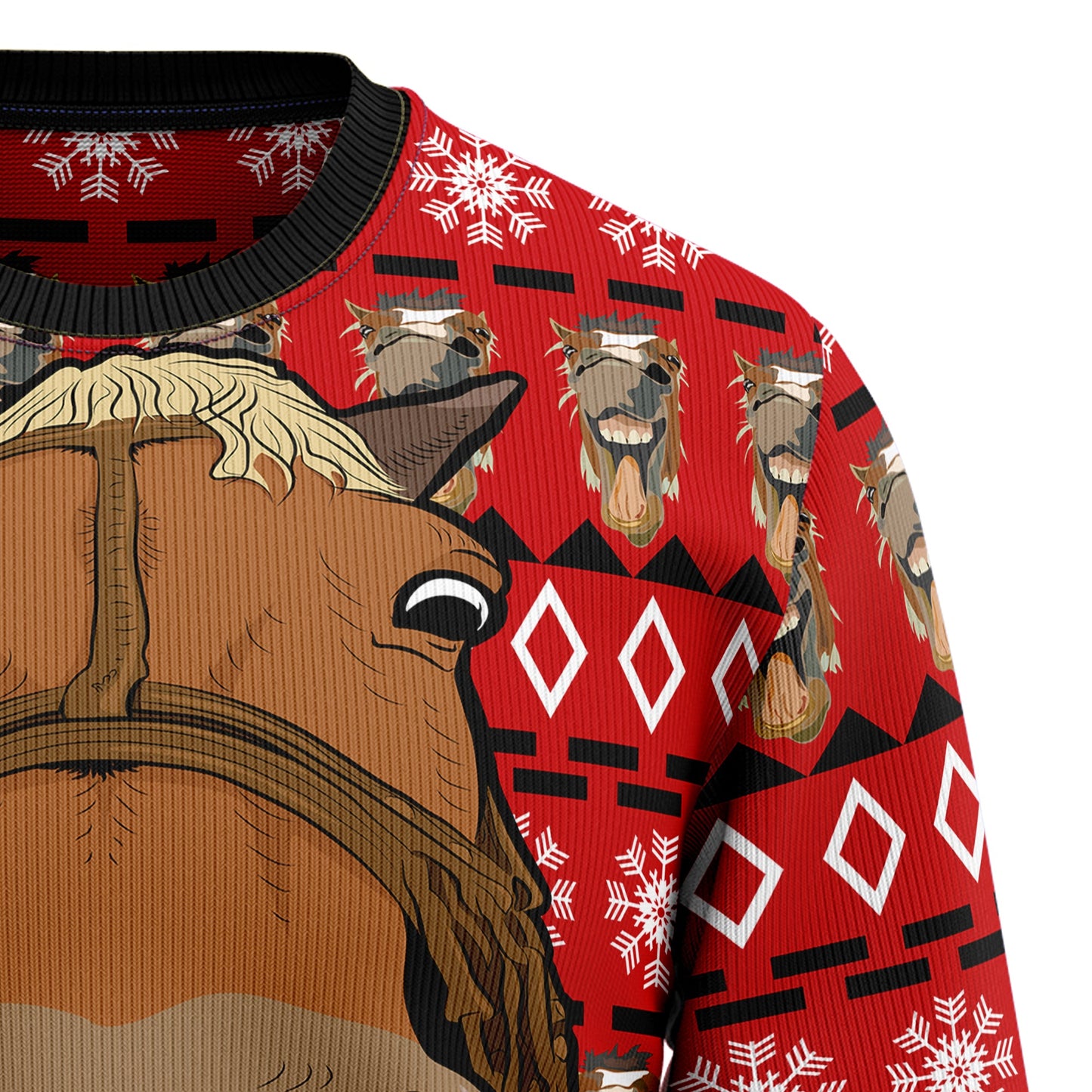 Funny Horse Face Ugly Christmas Sweater, Smiling Horse Face Snowflakes Red Christmas Ugly Sweater, Horse Lover Christmas Crewneck Knitted Sweater