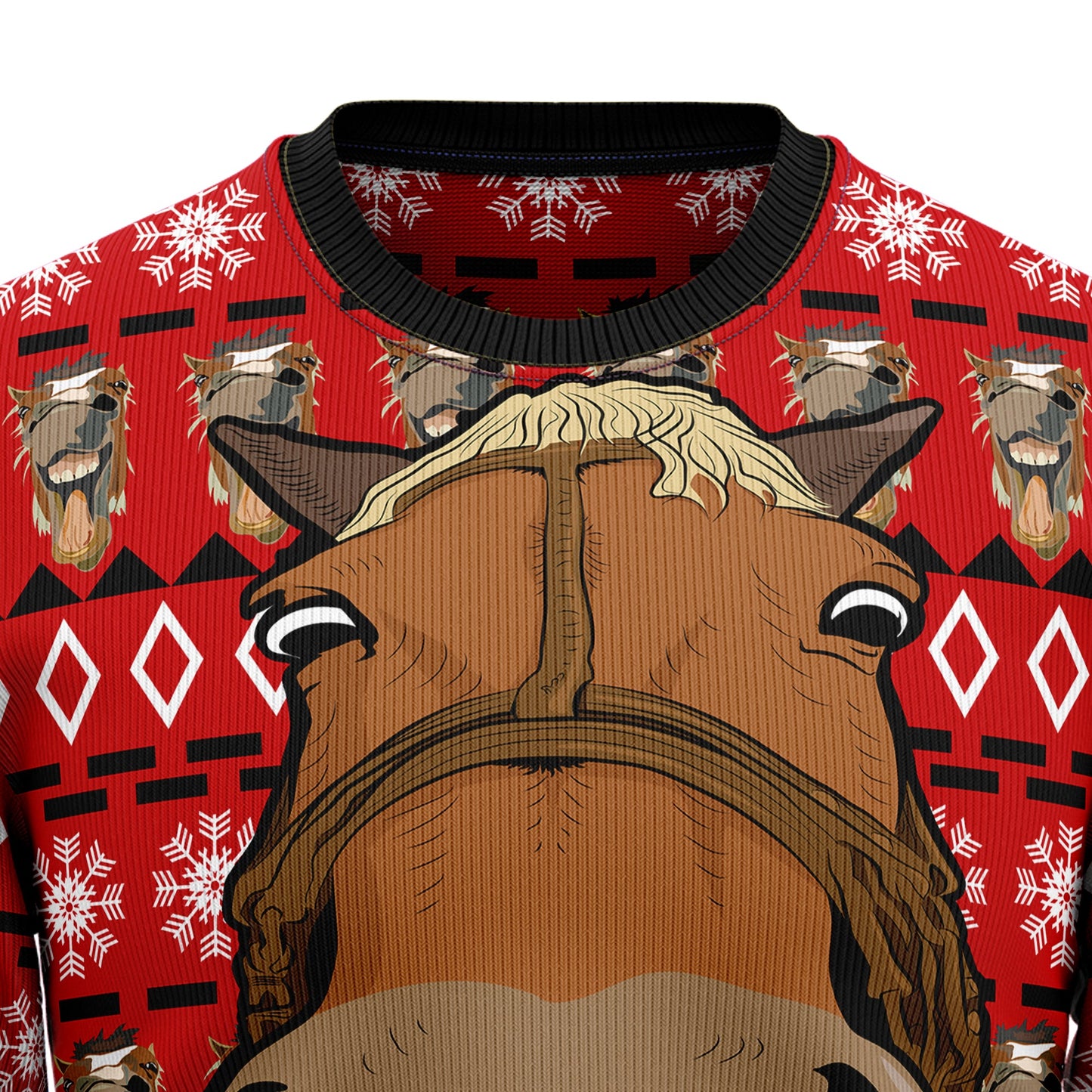 Funny Horse Face Ugly Christmas Sweater, Smiling Horse Face Snowflakes Red Christmas Ugly Sweater, Horse Lover Christmas Crewneck Knitted Sweater