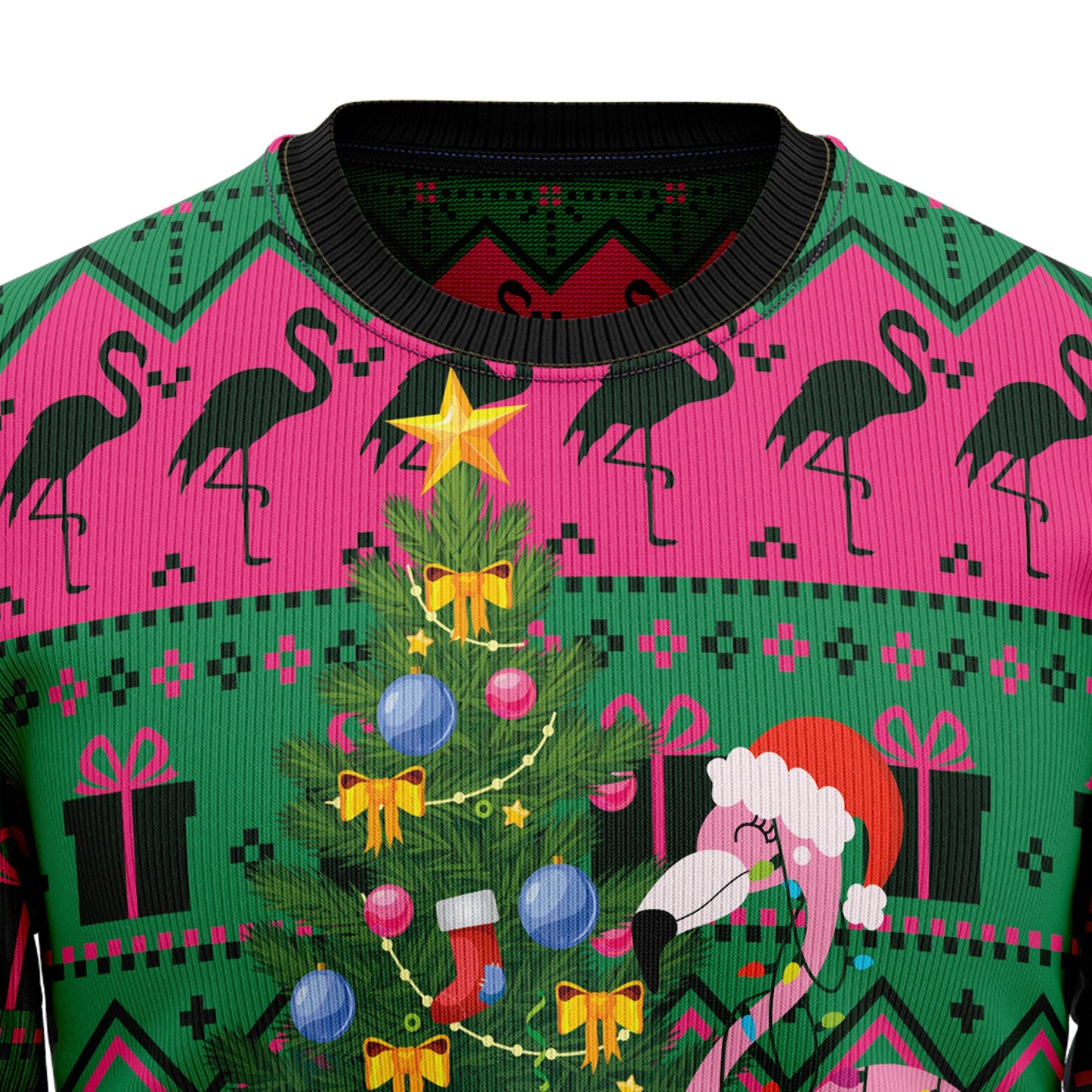 Flamingo Christmas Tree Ugly Christmas Sweater, Santa Flamingo With Pine Tree Christmas Ugly Sweater, Christmas Aop Crewneck Knitted Ugly Sweater