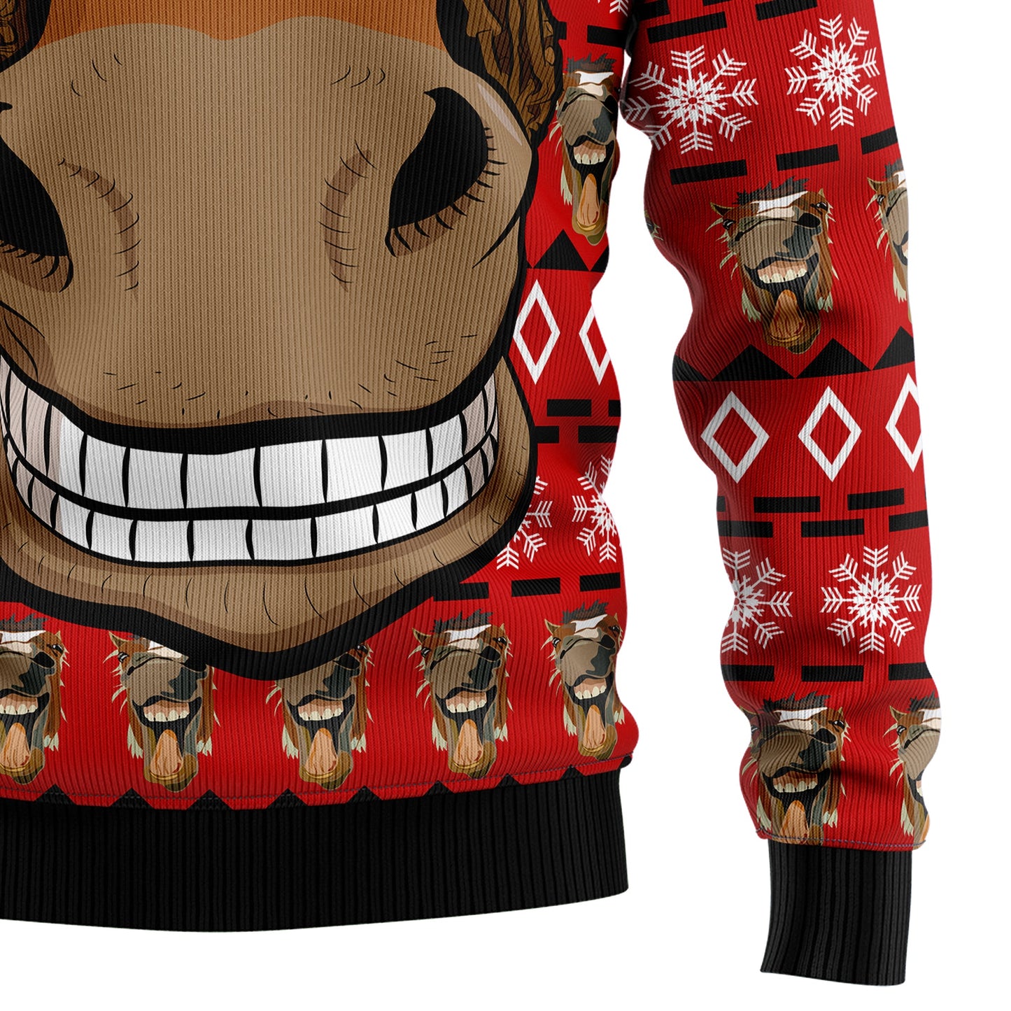 Funny Horse Face Ugly Christmas Sweater, Smiling Horse Face Snowflakes Red Christmas Ugly Sweater, Horse Lover Christmas Crewneck Knitted Sweater