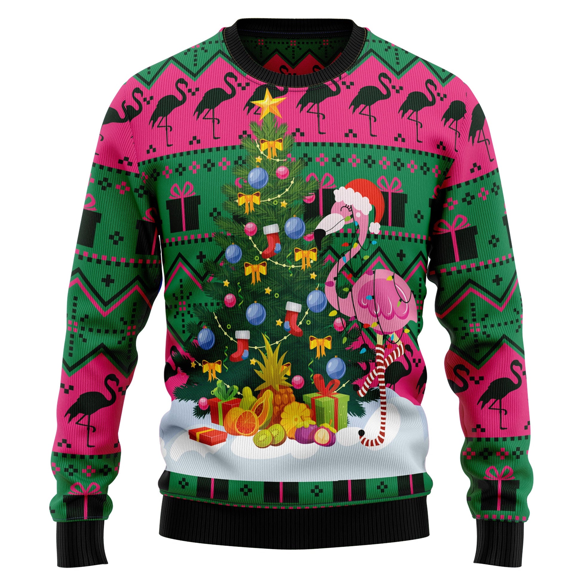 Flamingo Christmas Tree Ugly Christmas Sweater, Santa Flamingo With Pine Tree Christmas Ugly Sweater, Christmas Aop Crewneck Knitted Ugly Sweater