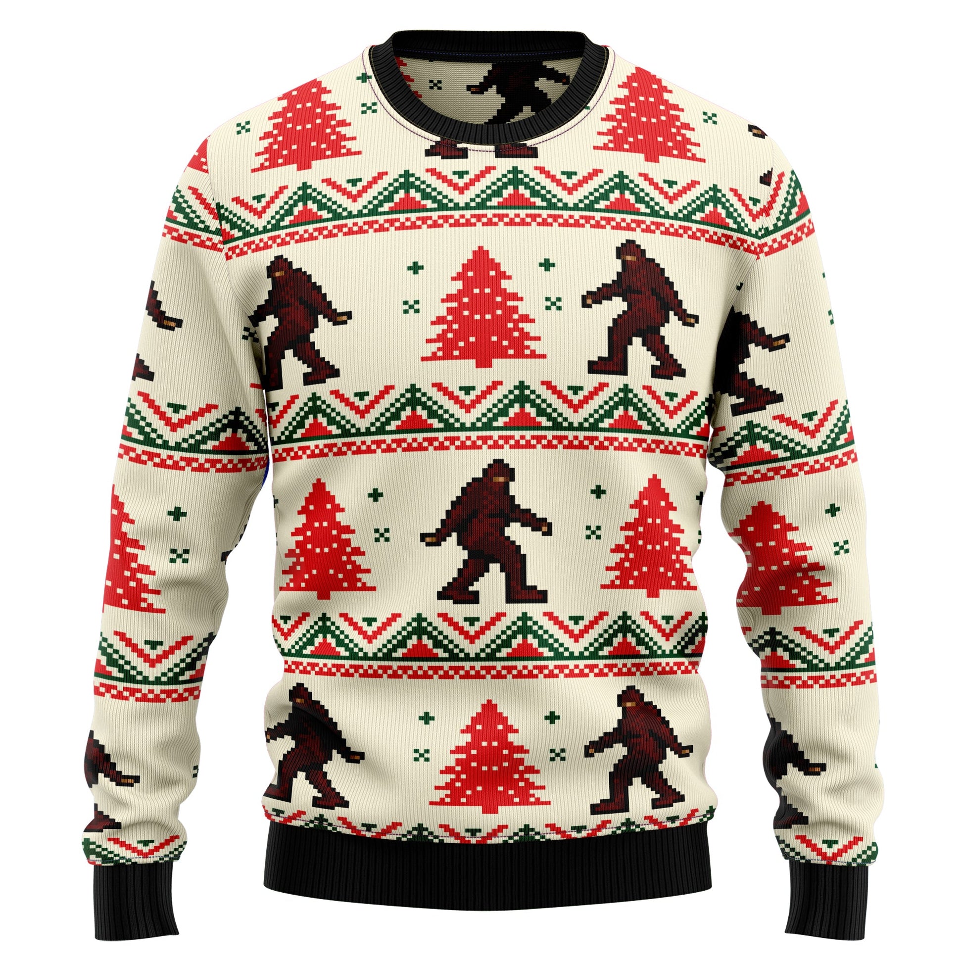 Amazing Bigfoot Sasquatch Ugly Christmas Sweater, Yeti Bigfoot Red Pine Tree Pattern Christmas Ugly Sweater, Christmas Crewneck Knitted Ugly Sweater