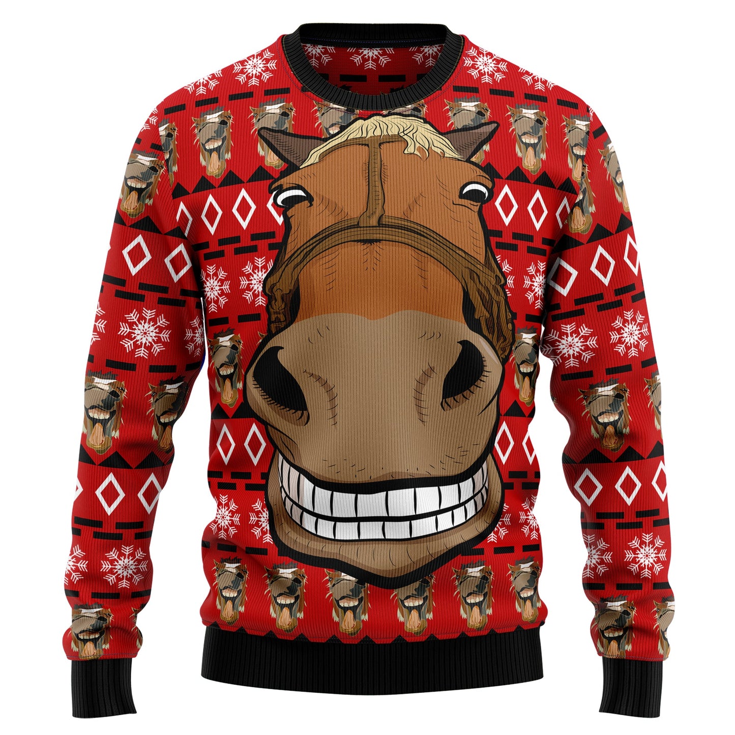 Funny Horse Face Ugly Christmas Sweater, Smiling Horse Face Snowflakes Red Christmas Ugly Sweater, Horse Lover Christmas Crewneck Knitted Sweater