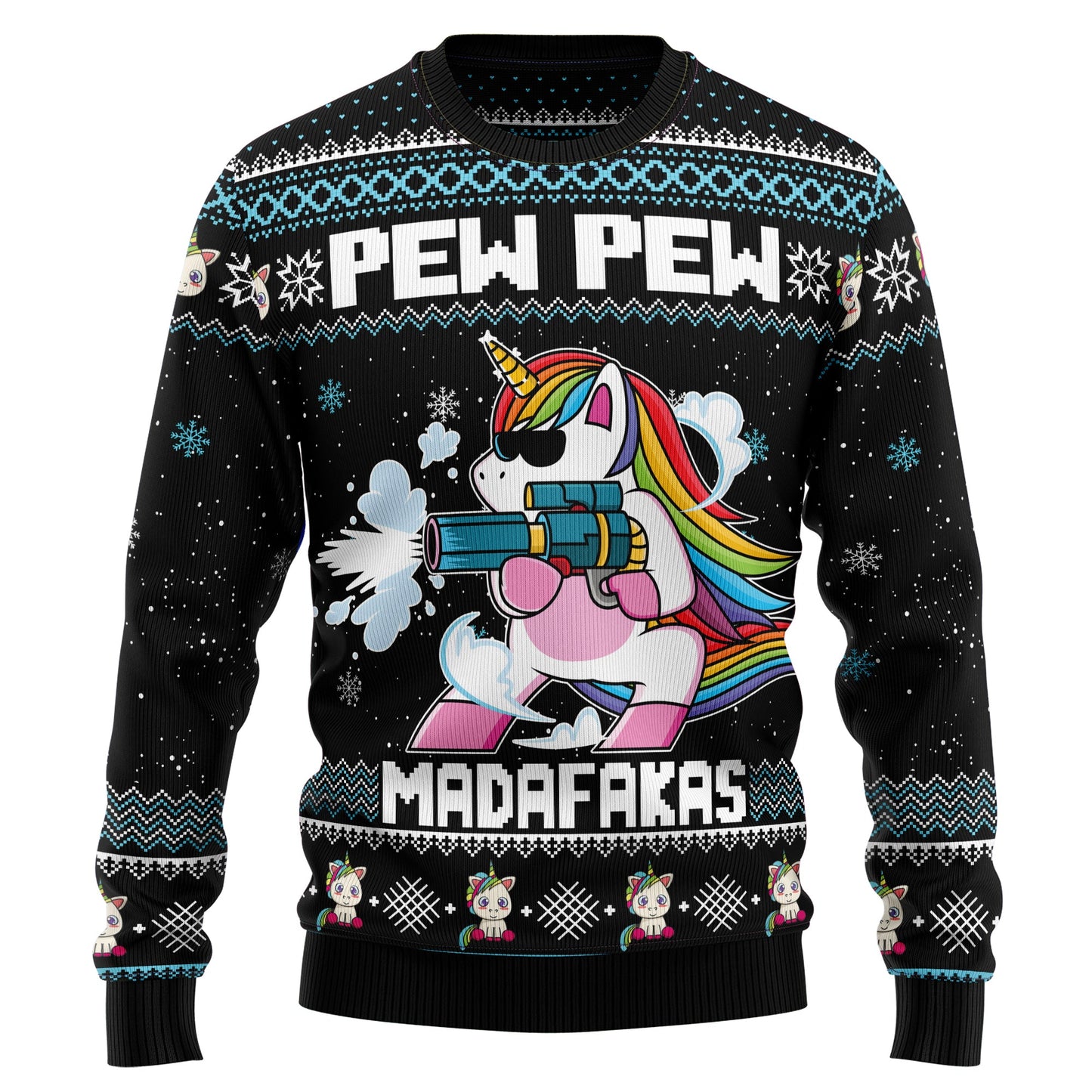 Rainbow Unicorn Pew Pew Madafakas Ugly Christmas Sweater, Cute Unicorn Snowflakes Christmas Ugly Sweater,unicorn Pew Pew Crewneck Knitted Sweater