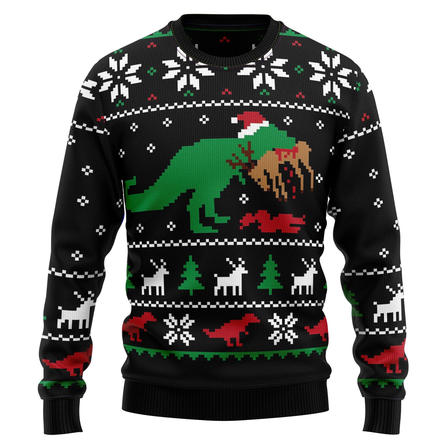 Santa Dinosaur T-rex Ugly Christmas Sweater, Tyrannosaurus Rex Eat Reindeer Christmas Ugly Sweater, Funny T-rex Xmas Crewneck Knitted Ugly Sweater