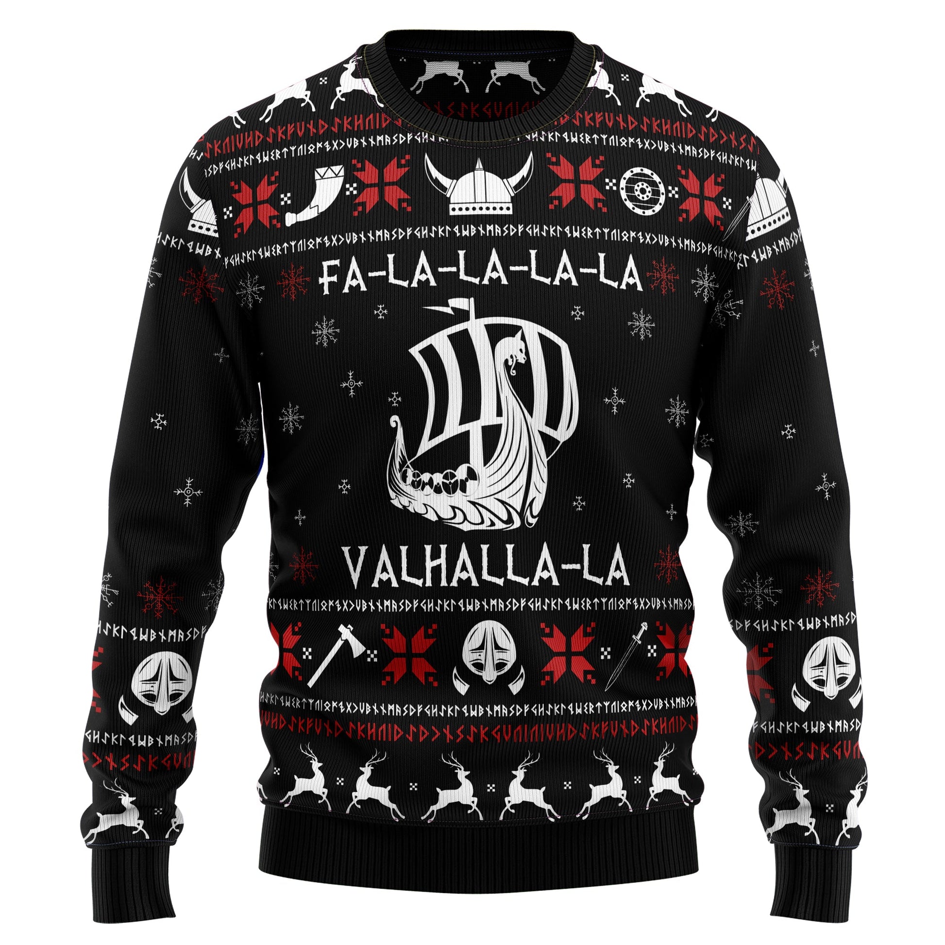 Fa La La Valhalla Viking Ugly Christmas Sweater, Viking Drakkar Black White Christmas Ugly Sweater, Viking Christmas Crewneck Knitted Ugly Sweater