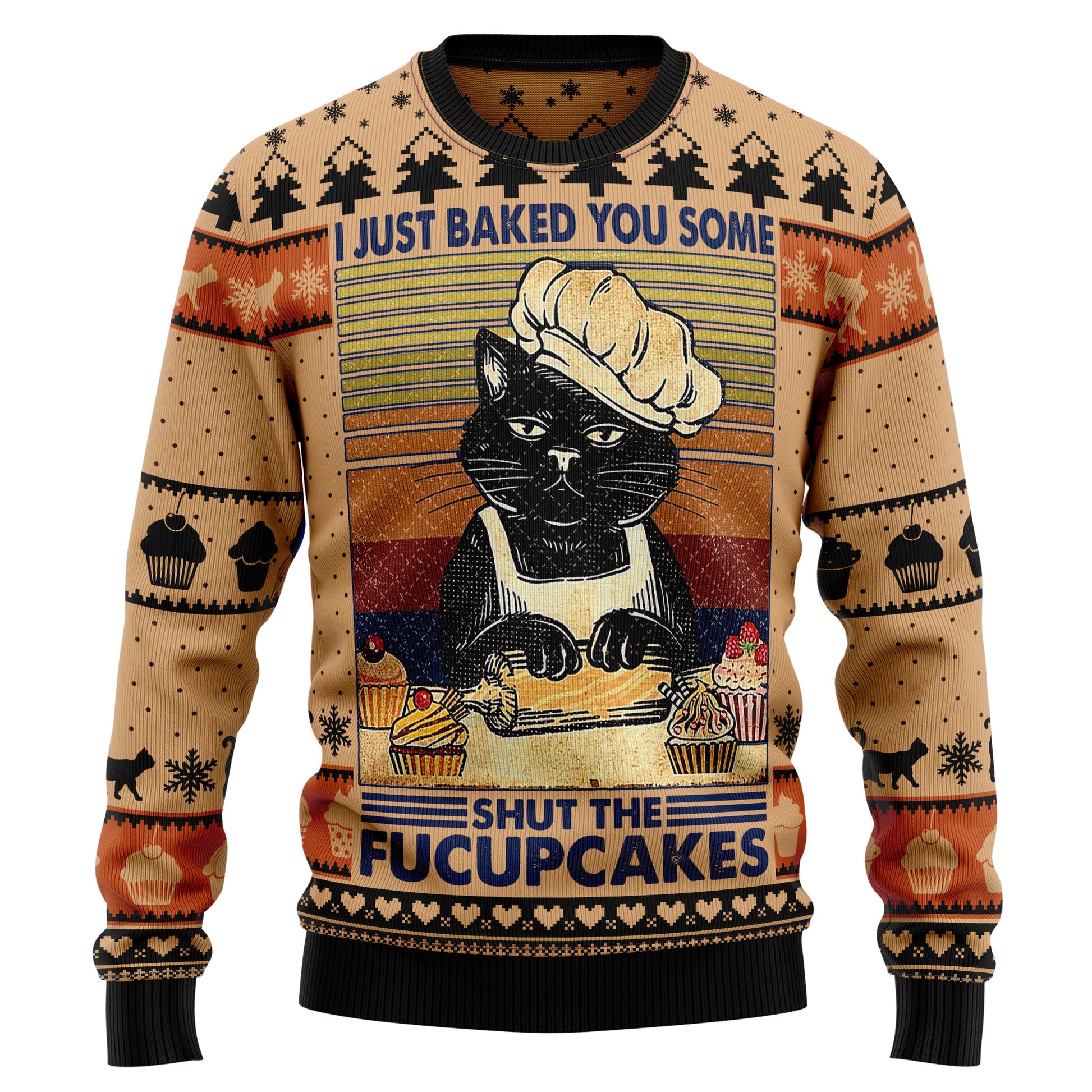 I Just Baked You Some Shut The Fucupcakes Ugly Christmas Sweater, Black Cat Chef Vintage Ugly Sweater, Fucupcakes Crewneck Knitted Ugly Sweater