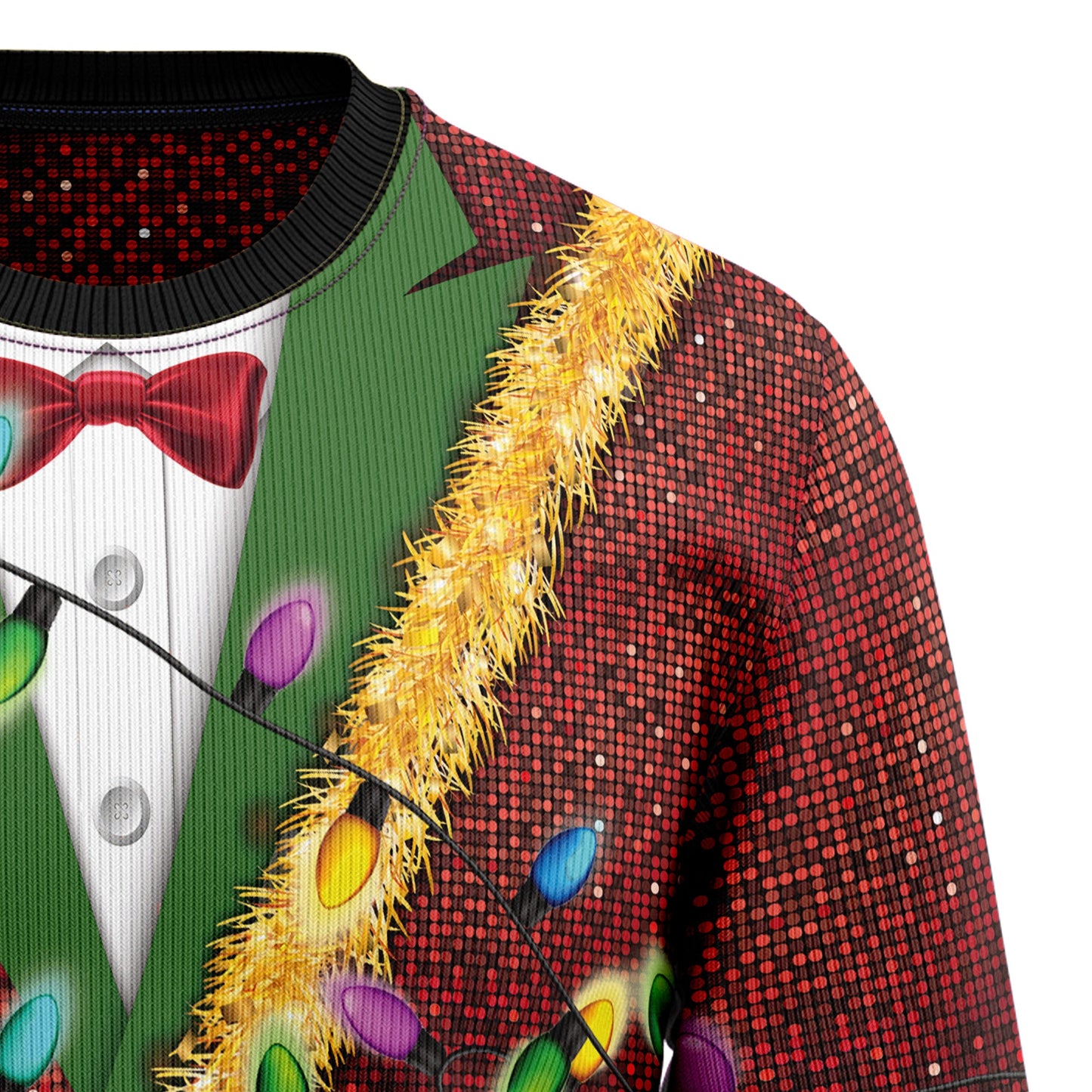 Faux Real 3d Tuxedo Christmas Lights Ugly Sweater, Christmas Light-up Red & Green Ugly Christmas Sweater, Christmas Crewneck Knitted Ugly Sweater