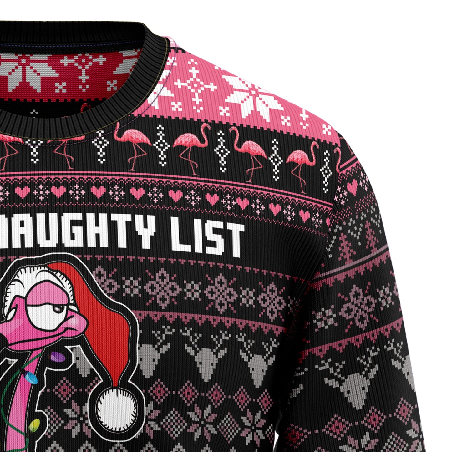 On The Naughty List Flamingo Ugly Christmas Sweater, Santa Flamingo Christmas Lights Ugly Sweater, Flamingo Christmas Crewneck Knitted Ugly Sweater