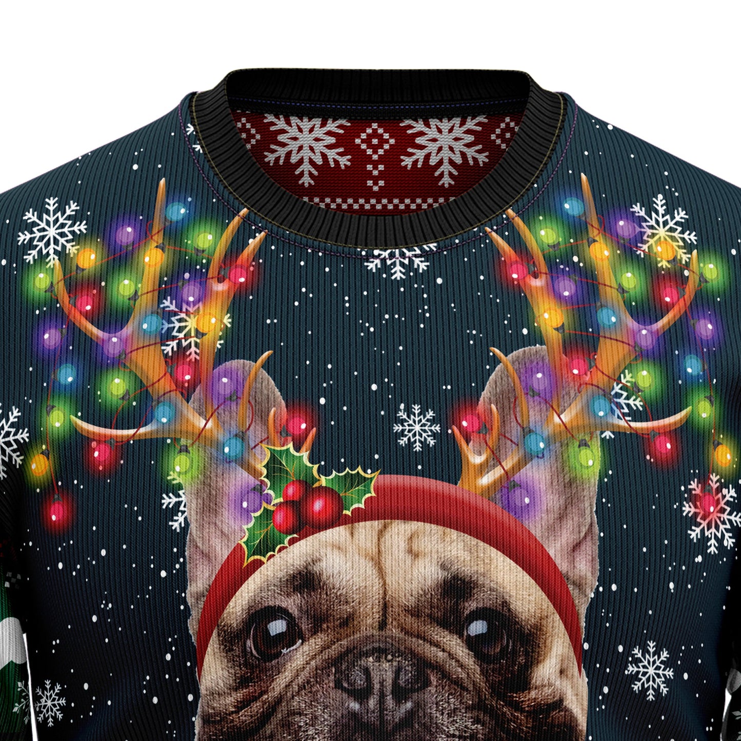 Cool French Bulldog Ugly Christmas Sweater, Frenchie Dog With Antler Christmas Lights Ugly Sweater, Dog Lovers Xmas Crewneck Knitted Ugly Sweater