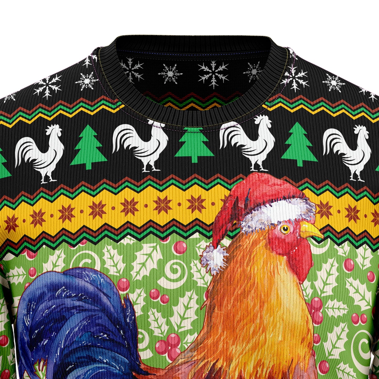 Chicken Cluckry Christmas Pattern Ugly Christmas Sweater, Santa Rooster Christmas Ugly Sweater, Chicken Christmas Crewneck Knitted Ugly Sweaters