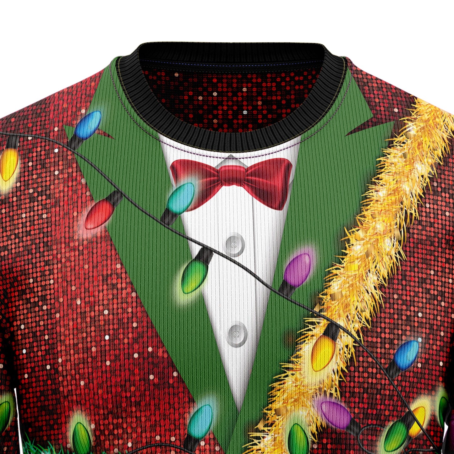 Faux Real 3d Tuxedo Christmas Lights Ugly Sweater, Christmas Light-up Red & Green Ugly Christmas Sweater, Christmas Crewneck Knitted Ugly Sweater