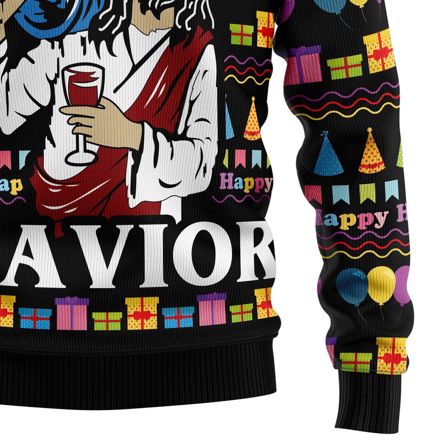 Jesus's Party Savior Ugly Christmas Sweater, Funny Santa Drinks Wine Christmas Ugly Sweater, Christmas Gift Holiday Crewneck Knitted Ugly Sweater