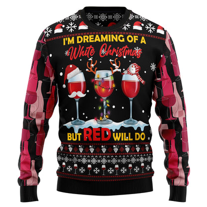 Dreaming Of White Christmas But Red Will Do Ugly Sweater, Red Wine Glasses Santa Hat Christmas Ugly Sweater, Christmas Crewneck Knitted Ugly Sweater