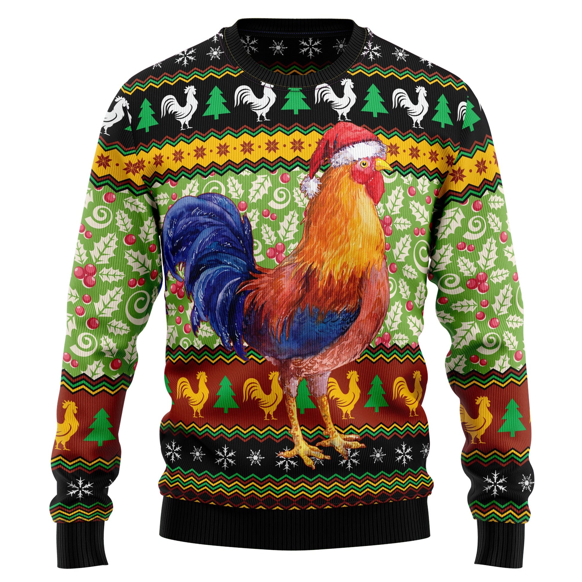 Chicken Cluckry Christmas Pattern Ugly Christmas Sweater, Santa Rooster Christmas Ugly Sweater, Chicken Christmas Crewneck Knitted Ugly Sweaters