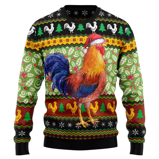 Chicken Cluckry Christmas Pattern Ugly Christmas Sweater, Santa Rooster Christmas Ugly Sweater, Chicken Christmas Crewneck Knitted Ugly Sweaters