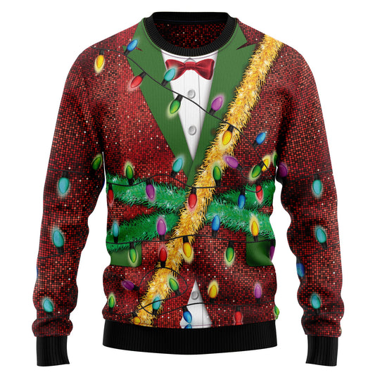 Faux Real 3d Tuxedo Christmas Lights Ugly Sweater, Christmas Light-up Red & Green Ugly Christmas Sweater, Christmas Crewneck Knitted Ugly Sweater