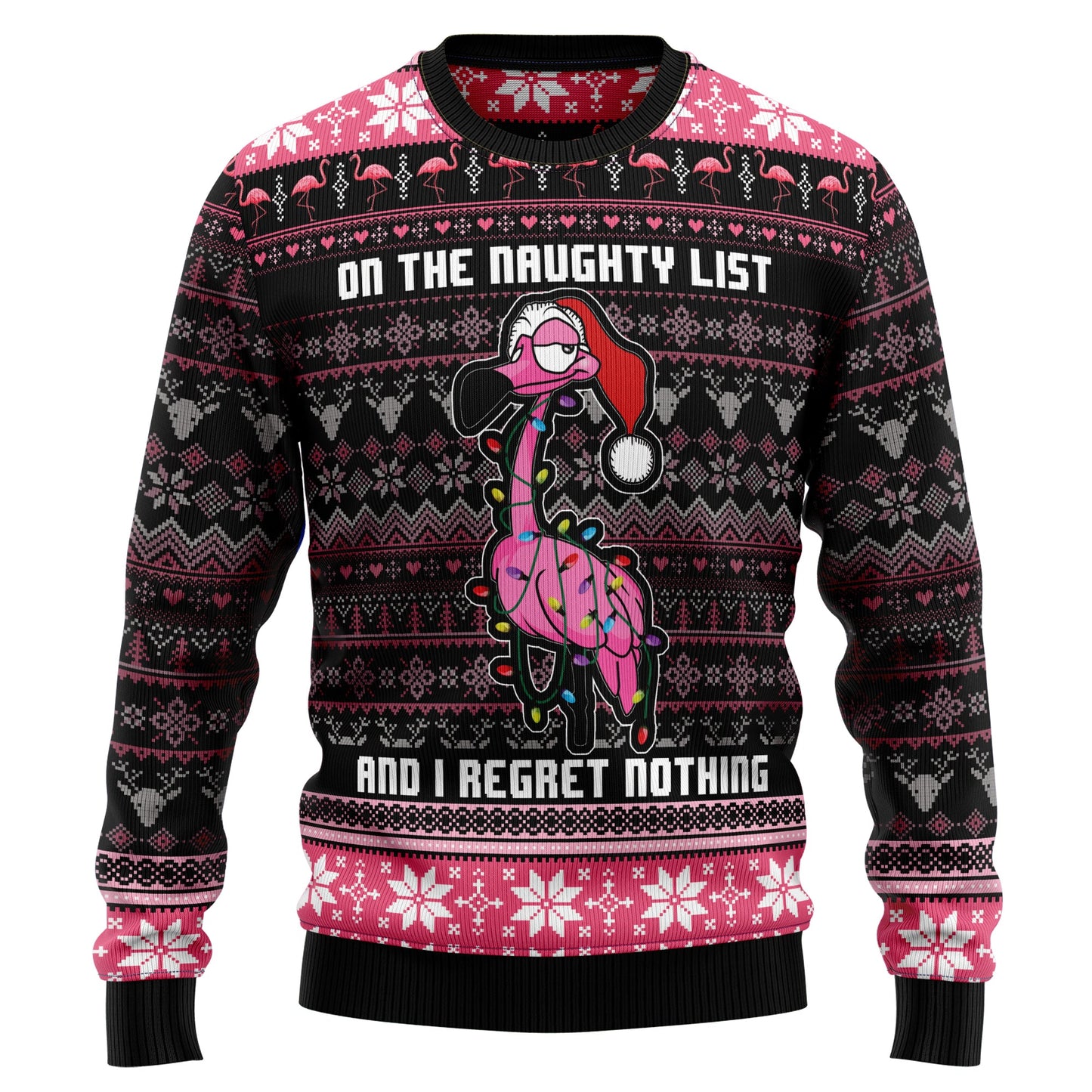 On The Naughty List Flamingo Ugly Christmas Sweater, Santa Flamingo Christmas Lights Ugly Sweater, Flamingo Christmas Crewneck Knitted Ugly Sweater