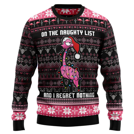 On The Naughty List Flamingo Ugly Christmas Sweater, Santa Flamingo Christmas Lights Ugly Sweater, Flamingo Christmas Crewneck Knitted Ugly Sweater