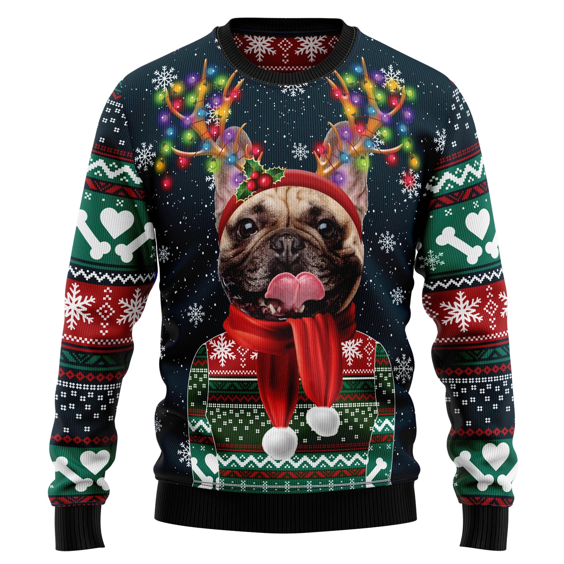 Cool French Bulldog Ugly Christmas Sweater, Frenchie Dog With Antler Christmas Lights Ugly Sweater, Dog Lovers Xmas Crewneck Knitted Ugly Sweater