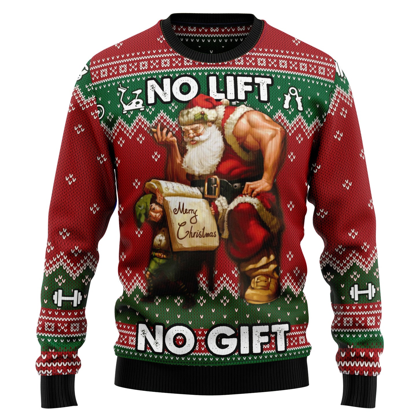 No Lift No Gift Santa Claus Ugly Christmas Sweater, Funny Santa Gym Workout Christmas Ugly Sweater, Merry Christmas Crewneck Knitted Ugly Sweater