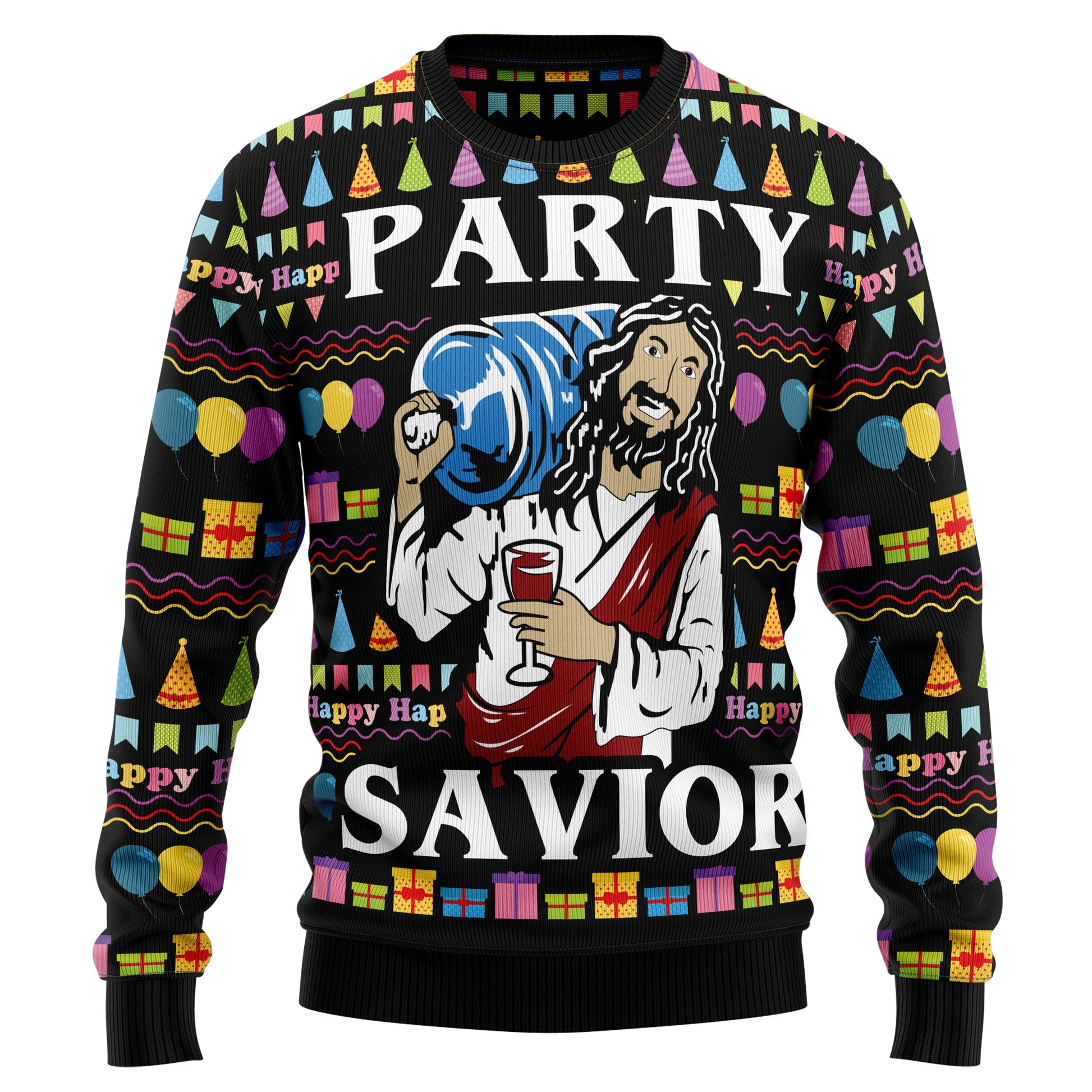 Jesus's Party Savior Ugly Christmas Sweater, Funny Santa Drinks Wine Christmas Ugly Sweater, Christmas Gift Holiday Crewneck Knitted Ugly Sweater