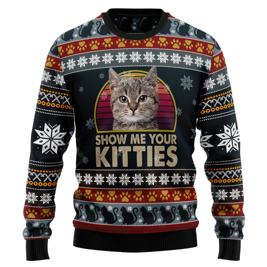 Cat Show Me Your Kitties Ugly Christmas Sweater, Cat Portrait 3d Printed Christmas Ugly Sweater, Cat Lovers Christmas Crewneck Knitted Ugly Sweater