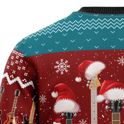 Electric Guitar With Santa Hat Ugly Christmas Sweater, Guitars Snowflakes Christmas Ugly Sweater, Guitar Lover Xmas Gift Crewneck Knitted Sweater