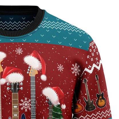 Electric Guitar With Santa Hat Ugly Christmas Sweater, Guitars Snowflakes Christmas Ugly Sweater, Guitar Lover Xmas Gift Crewneck Knitted Sweater