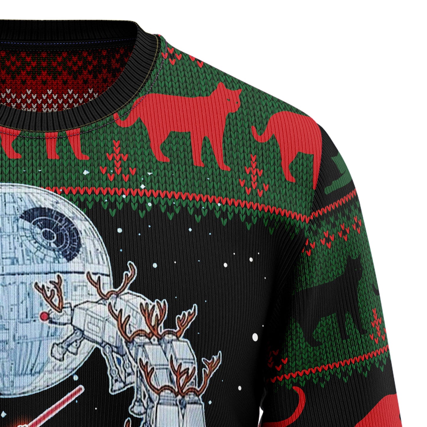 Black Cat Sleigh To Death Star Christmas Ugly Sweater, Black Cat Sleigh To Death Star Ugly Christmas Sweater, Christmas Crewneck Knitted Ugly Sweater