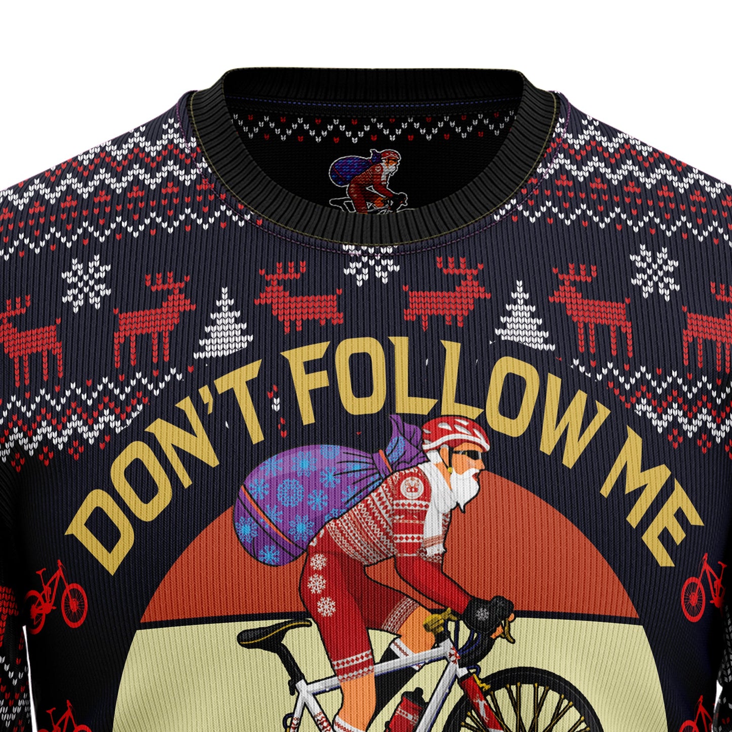 Satan Claus On Mountain Bike Ugly Christmas Sweater, Don't Follow Me I Do Stupid Things Santa Riding Ugly Sweater,biking Crewneck Knitted Sweater