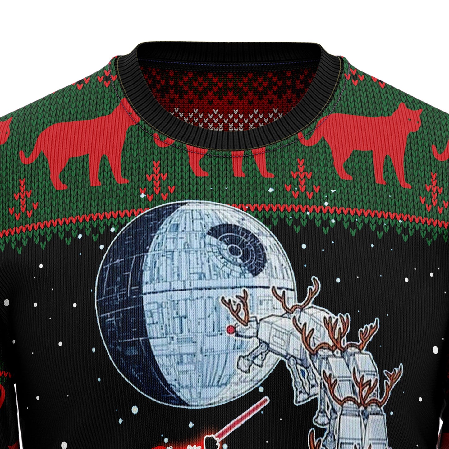 Black Cat Sleigh To Death Star Christmas Ugly Sweater, Black Cat Sleigh To Death Star Ugly Christmas Sweater, Christmas Crewneck Knitted Ugly Sweater