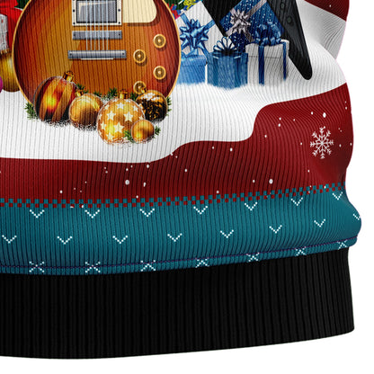 Electric Guitar With Santa Hat Ugly Christmas Sweater, Guitars Snowflakes Christmas Ugly Sweater, Guitar Lover Xmas Gift Crewneck Knitted Sweater