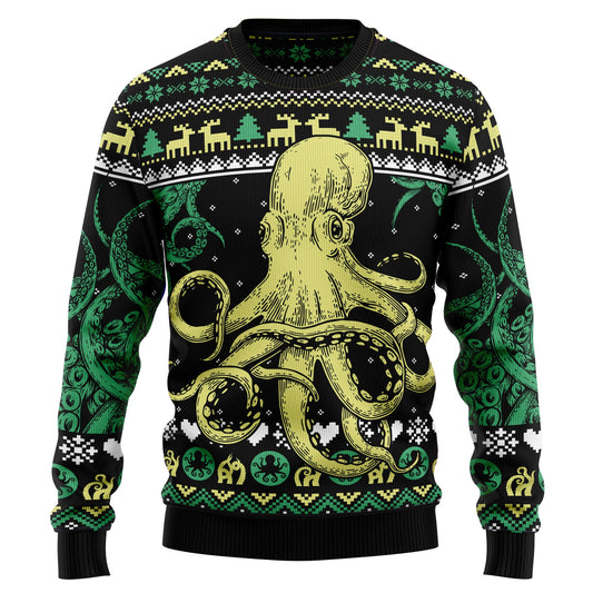 Mythical Octopus Cool Ugly Christmas Sweater, Cthulhu Monster Octopus Christmas Ugly Sweater, Tentacles Christmas Crewneck Knitted Ugly Sweater