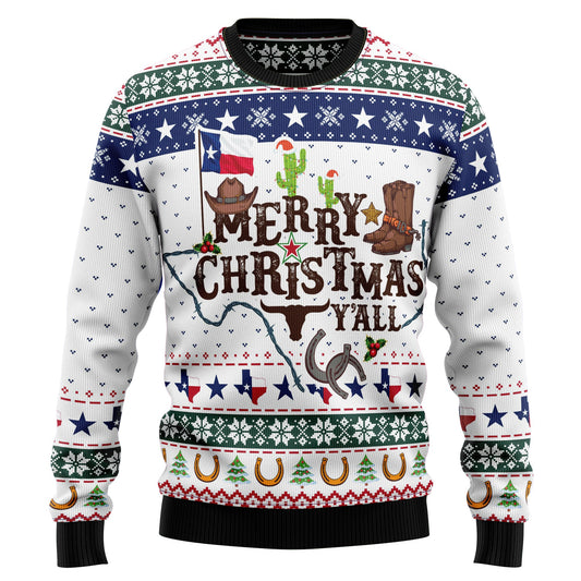 Merry Christmas Y'all Texas Ugly Christmas Sweater, Western Desert Texas Cowboy Christmas Ugly Sweater, Texas State Xmas Crewneck Knitted Sweater