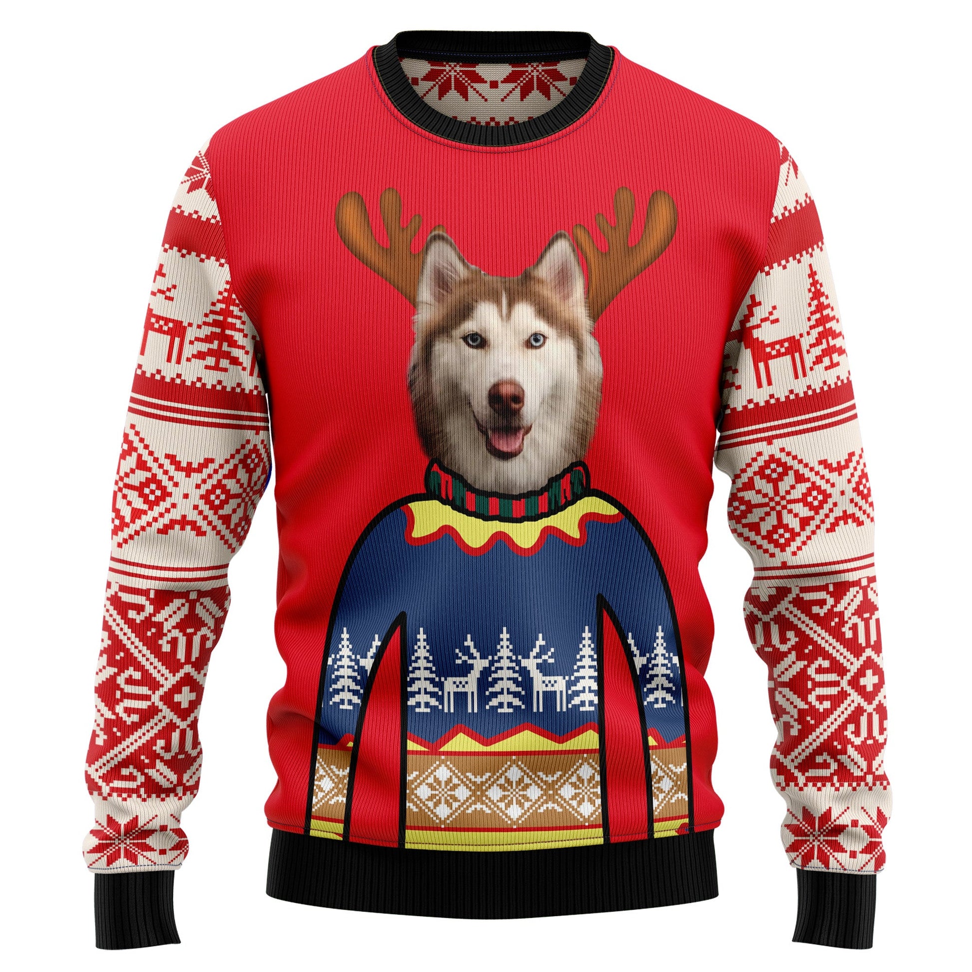 Personalized Face With Reindeer Antler Ugly Christmas Sweater, Custom Face Dog Reindeer Funny Ugly Sweaters, Christmas Crewneck Knitted Ugly Sweater