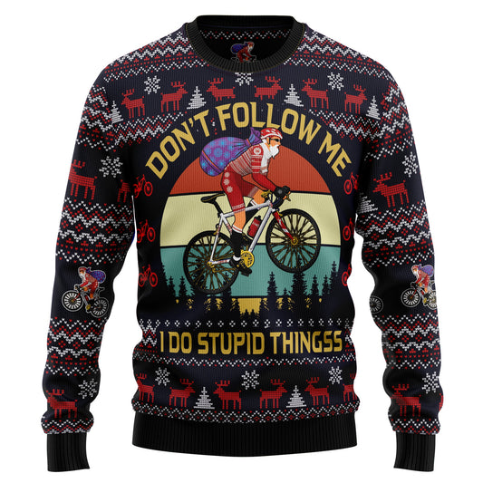 Satan Claus On Mountain Bike Ugly Christmas Sweater, Don't Follow Me I Do Stupid Things Santa Riding Ugly Sweater,biking Crewneck Knitted Sweater