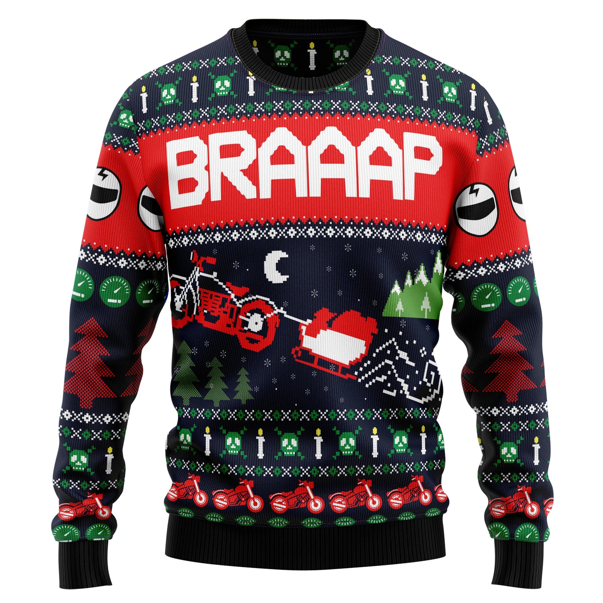 Motorbike Braaap Ugly Christmas Sweater, Motorcycle Santa Sleigh Christmas Ugly Sweater, Motorbike Lover Christmas Crewneck Knitted Ugly Sweater