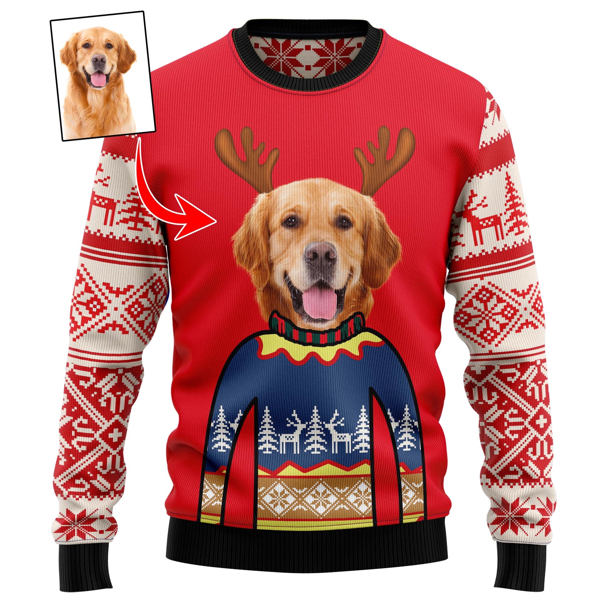 Personalized Dog Face Reindeer Funny Ugly Sweaters, Custom Face With Reindeer Antler Ugly Christmas Sweater, Christmas Crewneck Knitted Ugly Sweater