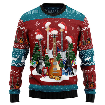 Electric Guitar With Santa Hat Ugly Christmas Sweater, Guitars Snowflakes Christmas Ugly Sweater, Guitar Lover Xmas Gift Crewneck Knitted Sweater