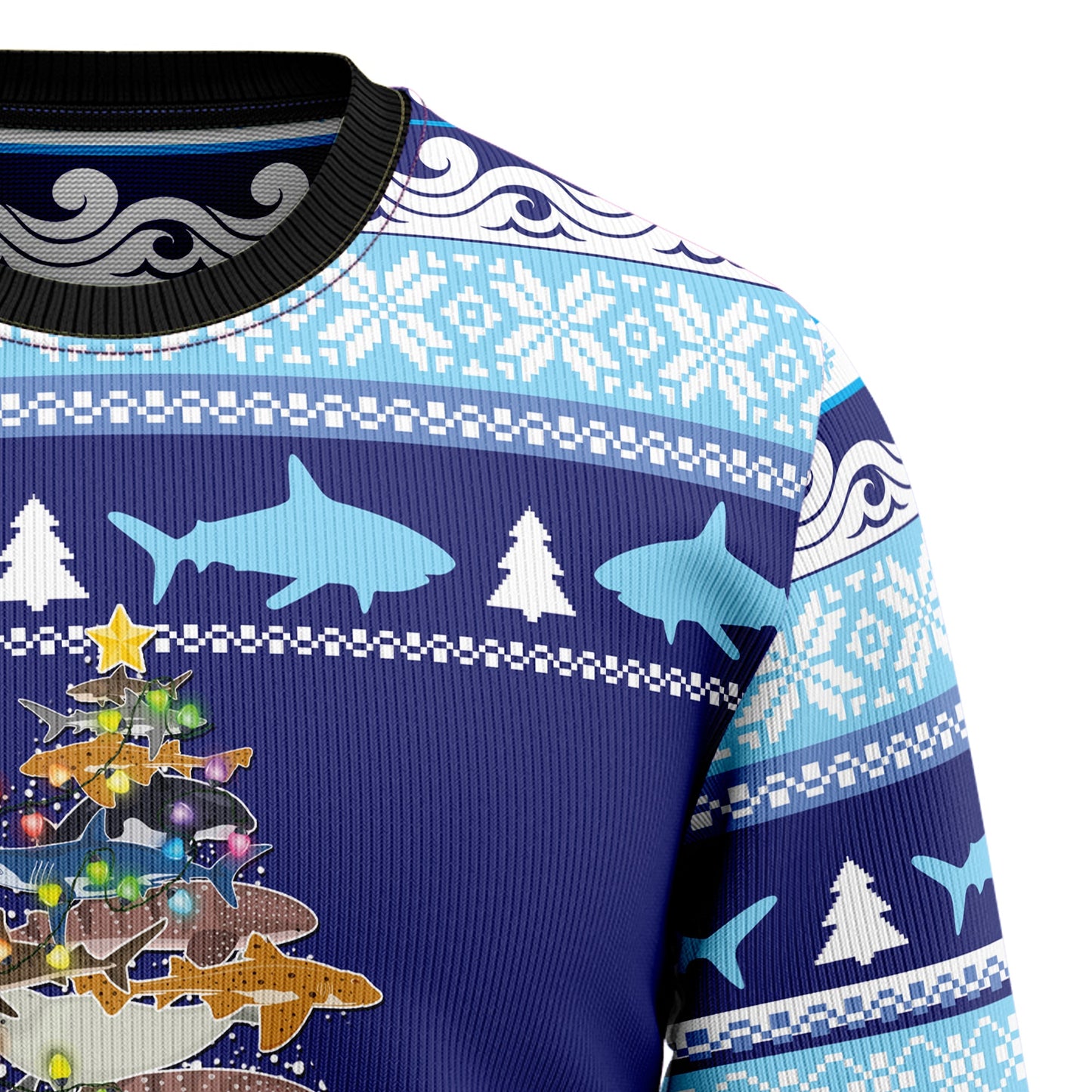 Shark Christmas Tree Ugly Christmas Sweater, Christmas Lights Shark Pine Tree Blue Ugly Sweater, Shark Lovers Christmas Crewneck Knitted Ugly Sweater