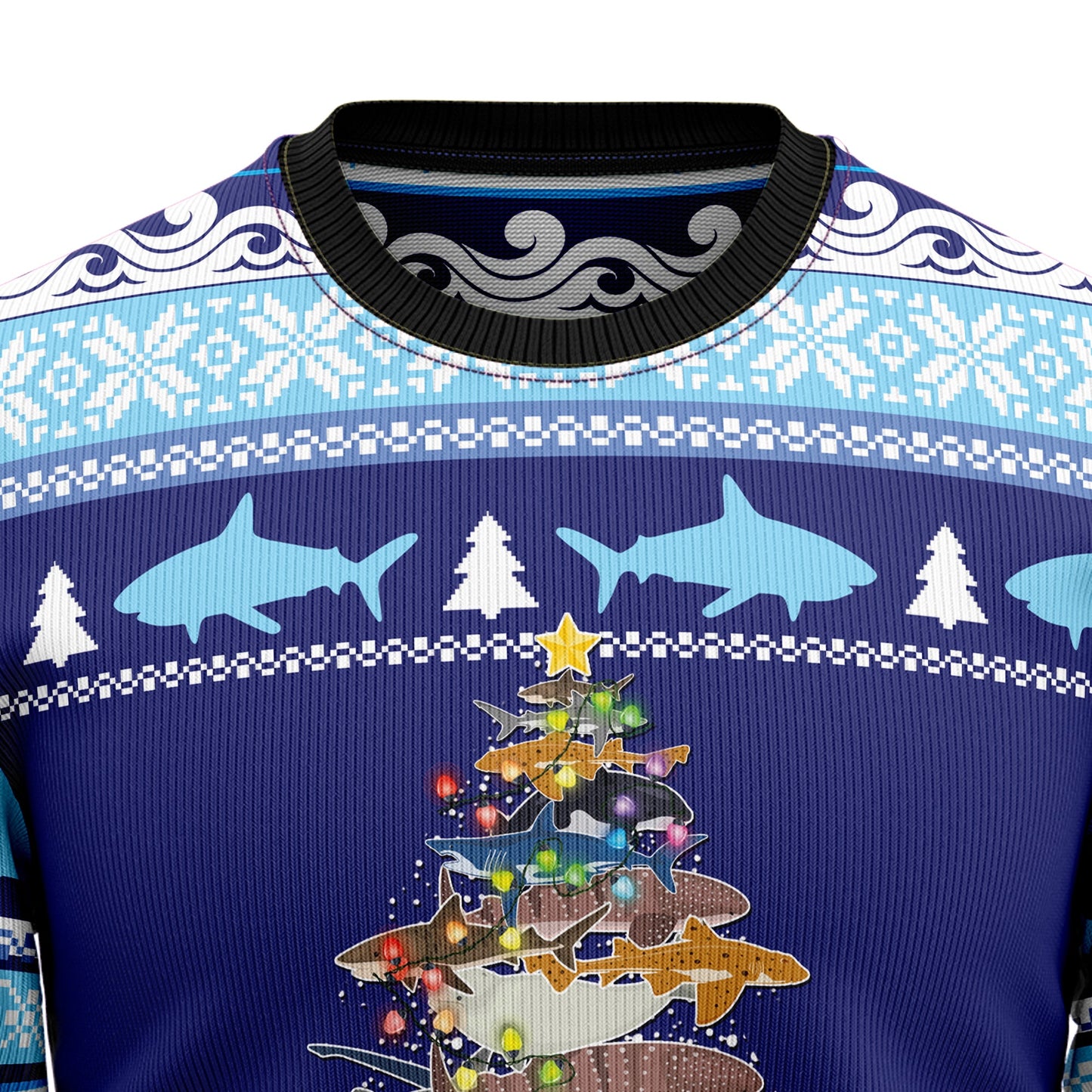 Shark Christmas Tree Ugly Christmas Sweater, Christmas Lights Shark Pine Tree Blue Ugly Sweater, Shark Lovers Christmas Crewneck Knitted Ugly Sweater